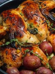 Nicely browned roasted chicken with herbs and potatoes