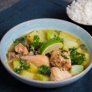 Chicken tinola- Chicken pieces, chopped chayote, and chicken broth, garnished with chopped parsley and a slice of lime in a light blue bowl .
