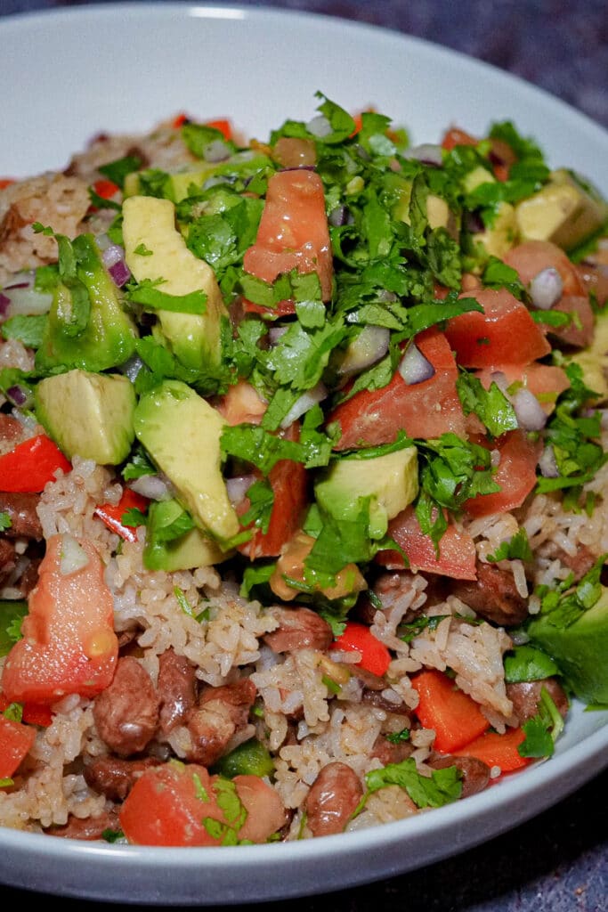 Cooked brown rice, pinto beans and diced red bell pepper and topped with chopped tomato, avocado, cilantro and red onion salsa