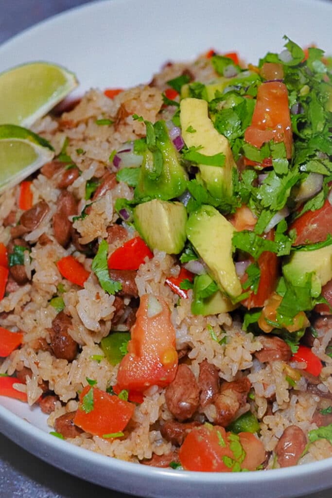 Cooked brown rice, pinto beans, diced red bell pepper and top with chopped tomato, avocado, cilantro and red onion salsa
