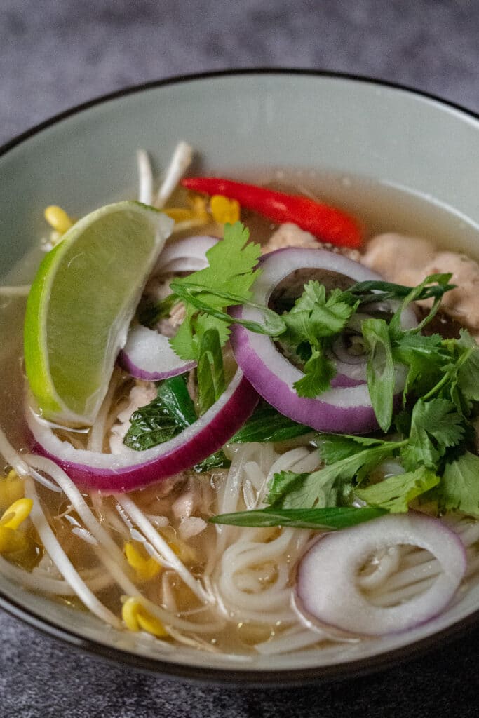 A bowl of chicken pho soup with rice noodles, bean sprouts, shredded chicken, sliced onion, green herbs, red chilli and slice of red onion.
