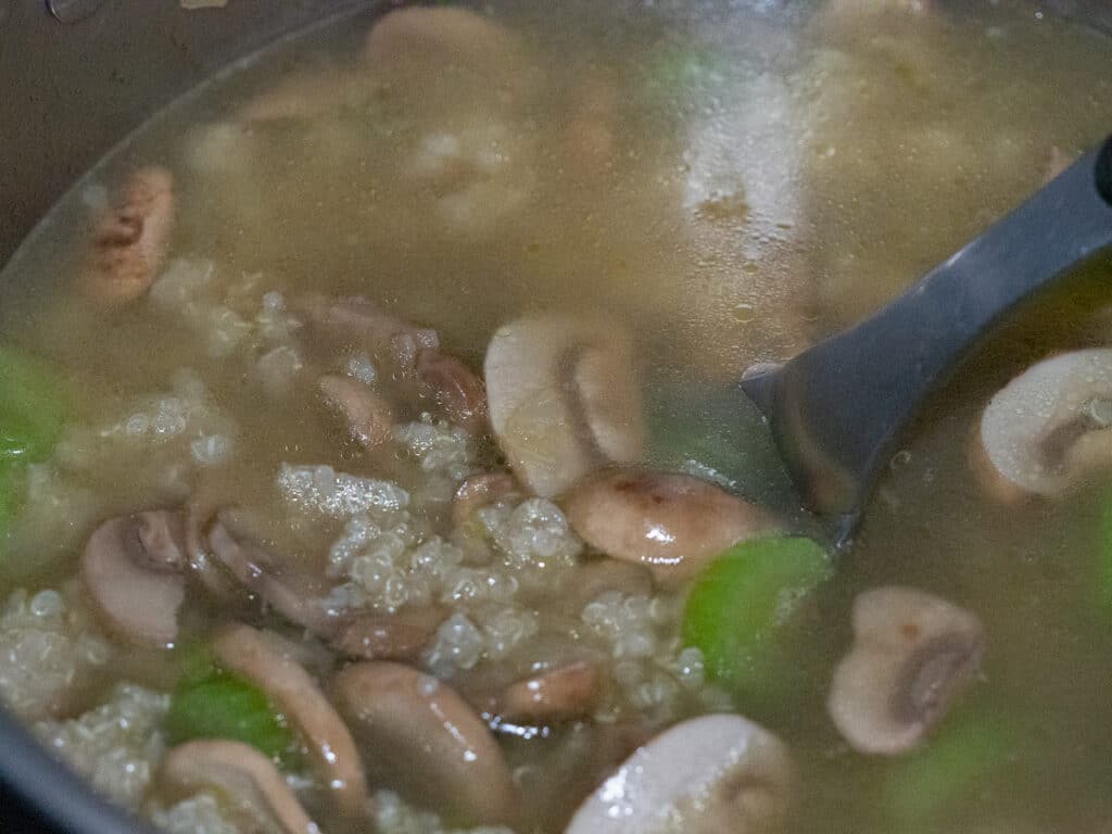 Mushrooms, quinoa, celery and stock in the pot With a laddle.