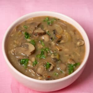 Healthy mushroom soup in a pink bowl garnished with chopped parsley on top of a pink surface