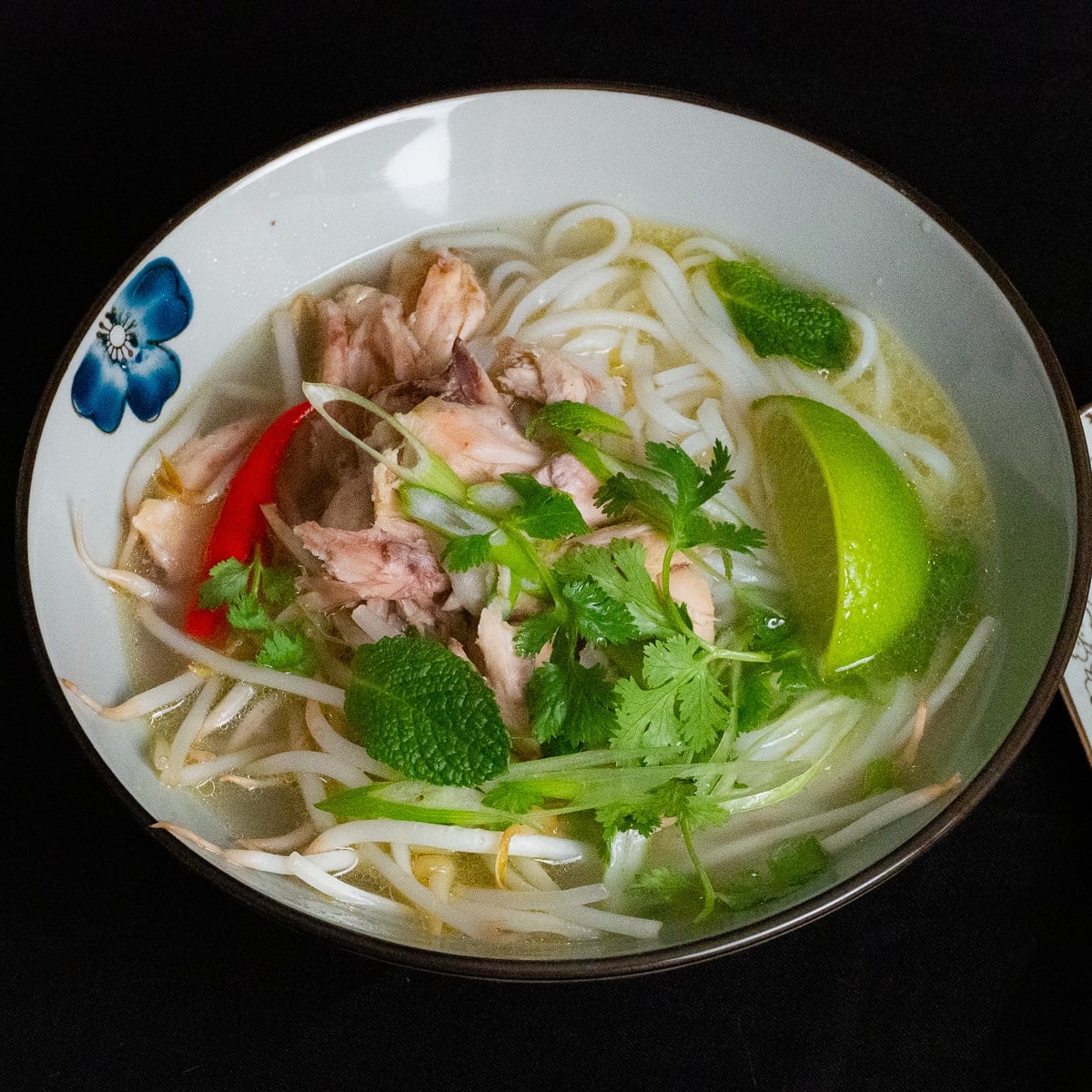Chicken pho soup in a bowl with rice noodles, shredded chicken, chili, slice of lime and green herbs on top