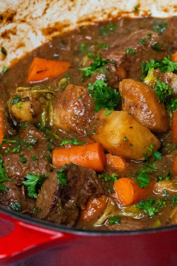 Irish inspired Guiness beef stew with carrots and potatoes in a white and red casserole