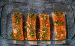 Sweet chilli salmon in a baking glass
