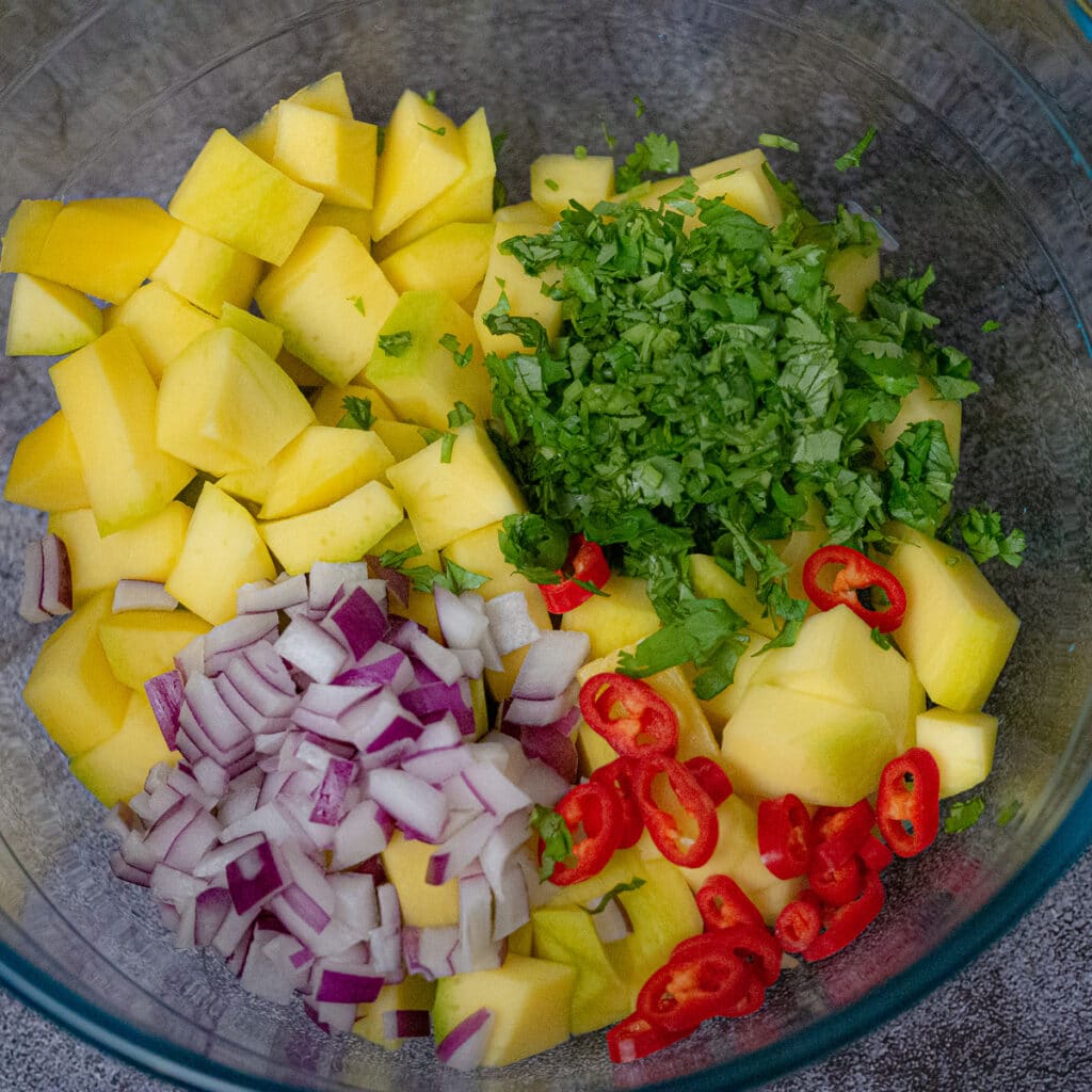 Diced mango. diced red onion, chopped cilantro and thinly s;iced red chilli in a glass mixing bowl.